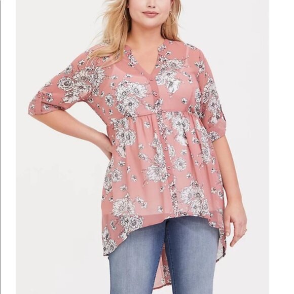 torrid Tops - NWT Torrid Floral Print Long Sleeve Chiffon Tunic Size 6X Dusty Rose Hi-Low Hem